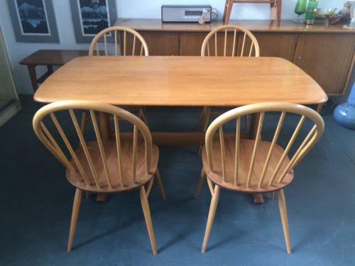Vintage Ercol Blonde Refectory Dining Kitchen Table & 4 Hoop Back 370 Chairs