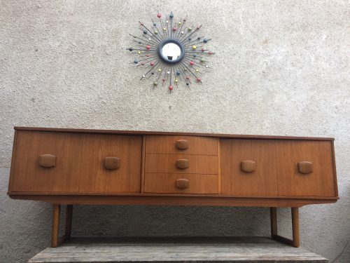 Stunning large 1970s Stateroom Sideboard with 3 central curved drawers (green biased top drawer) and two bifold cupboards revealing hidden pull down drinks Cabinet in one.