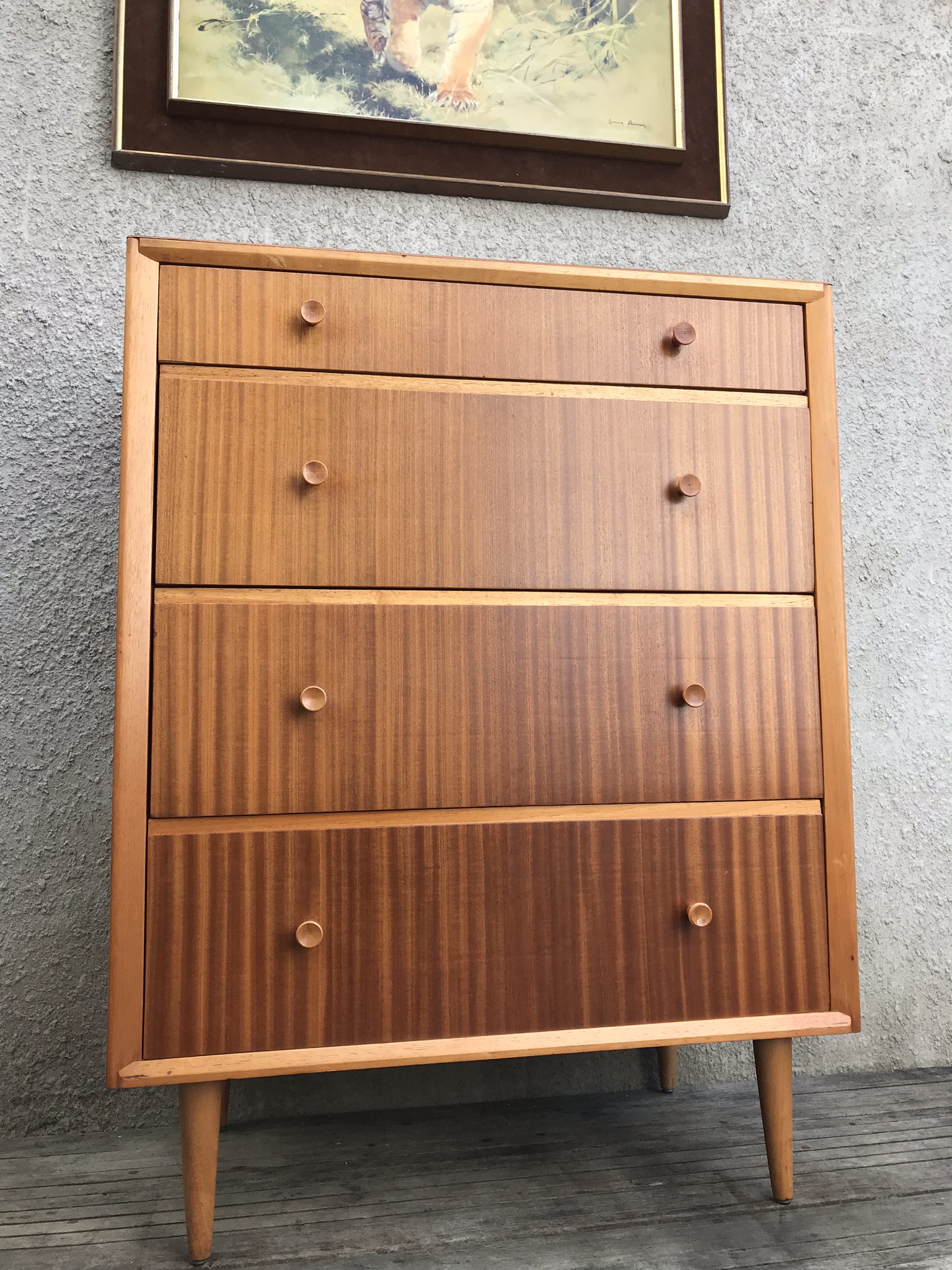 Vintage Retro Mid Century Modernist Oak Tallboy Chest of 4 Drawers