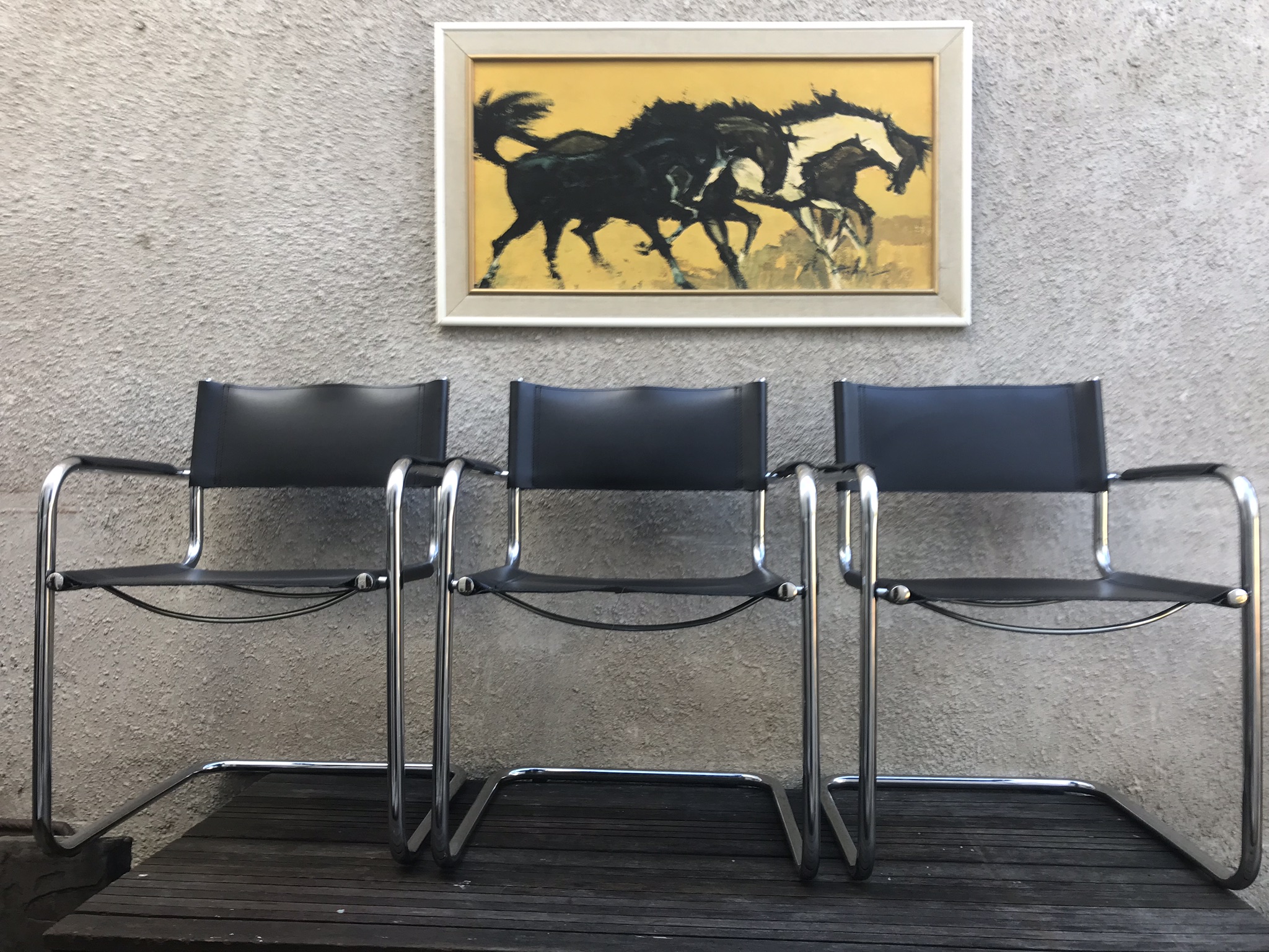 3 Retro Style Italian Black Leather & Chrome Chair Bauhaus Style Cantilever