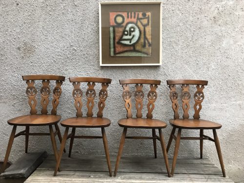 Set Four Vintage ERCOL Fleur De Lys Dining Chairs 375 Carved Back