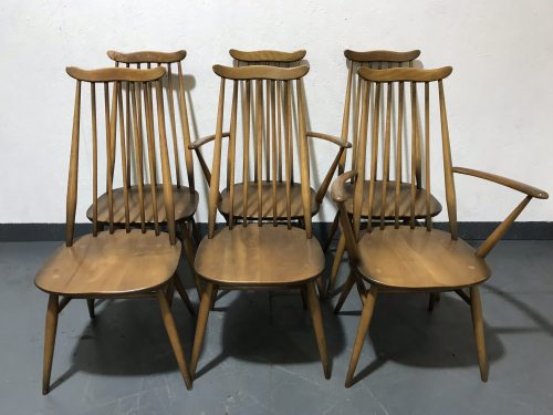 Set of Six Vintage ERCOL Goldsmith Dining Chairs Including 2 Carvers / Armchairs