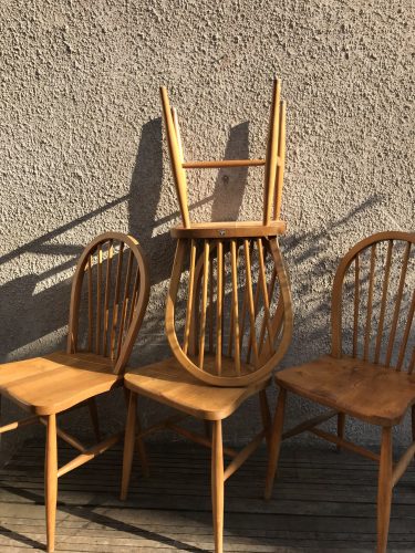 Set Of 4 Mid Century Vintage ERCOL Windsor Hoop Back Dining Chairs Blue Label