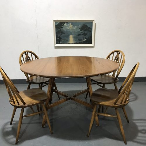 Vintage Golden Dawn ERCOL Round Drop Leaf Table and 4 Windsor Chairs