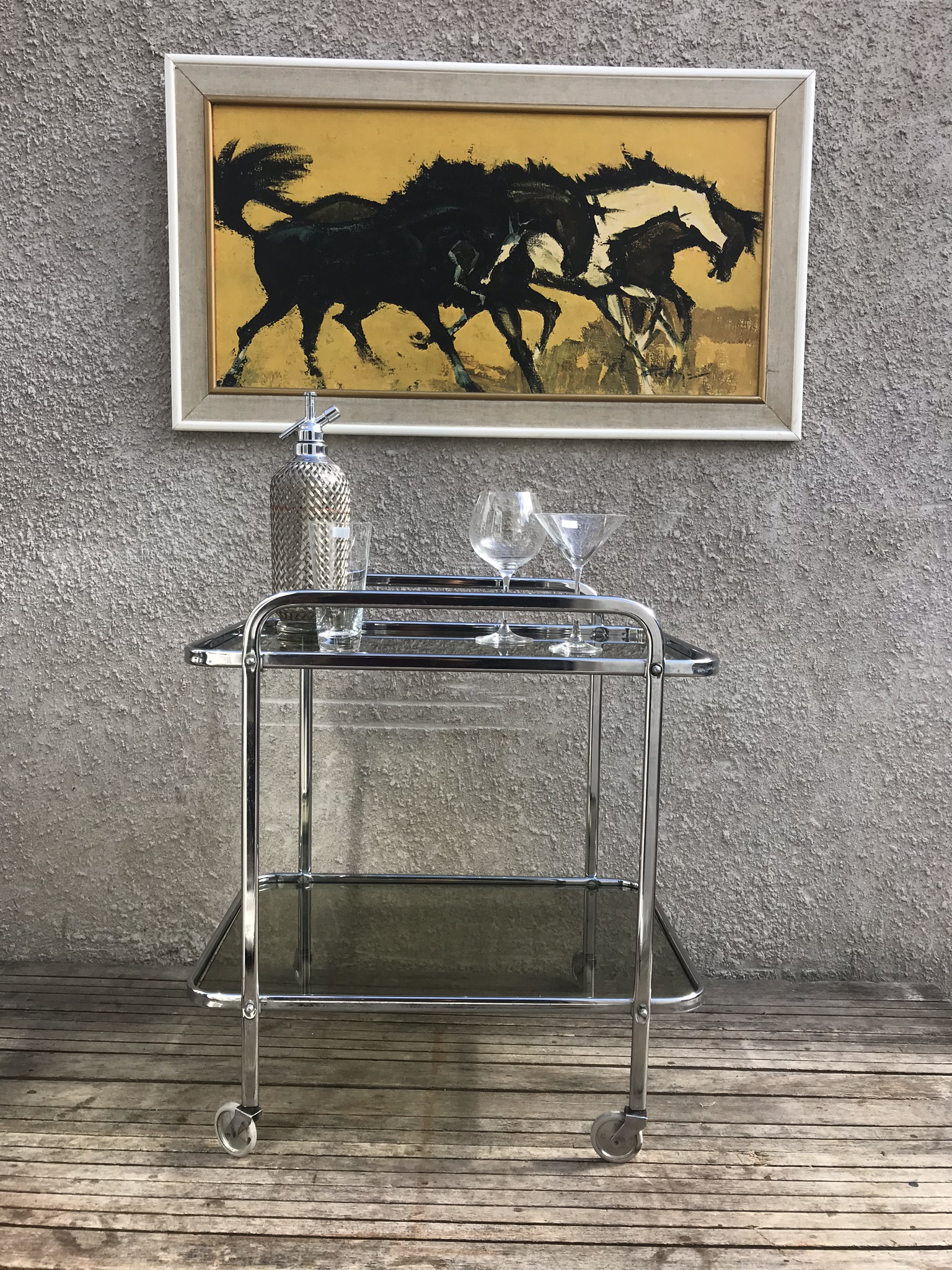 Retro Vintage Two Tier Chrome Metal and Smoked Glass Drinks Serving Hostess Trolley