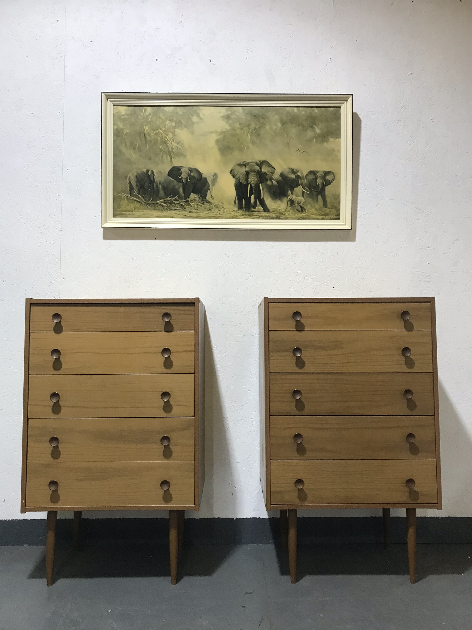 Pair Of Vintage 1970's Teak Veneer Chest Of 5 Drawers