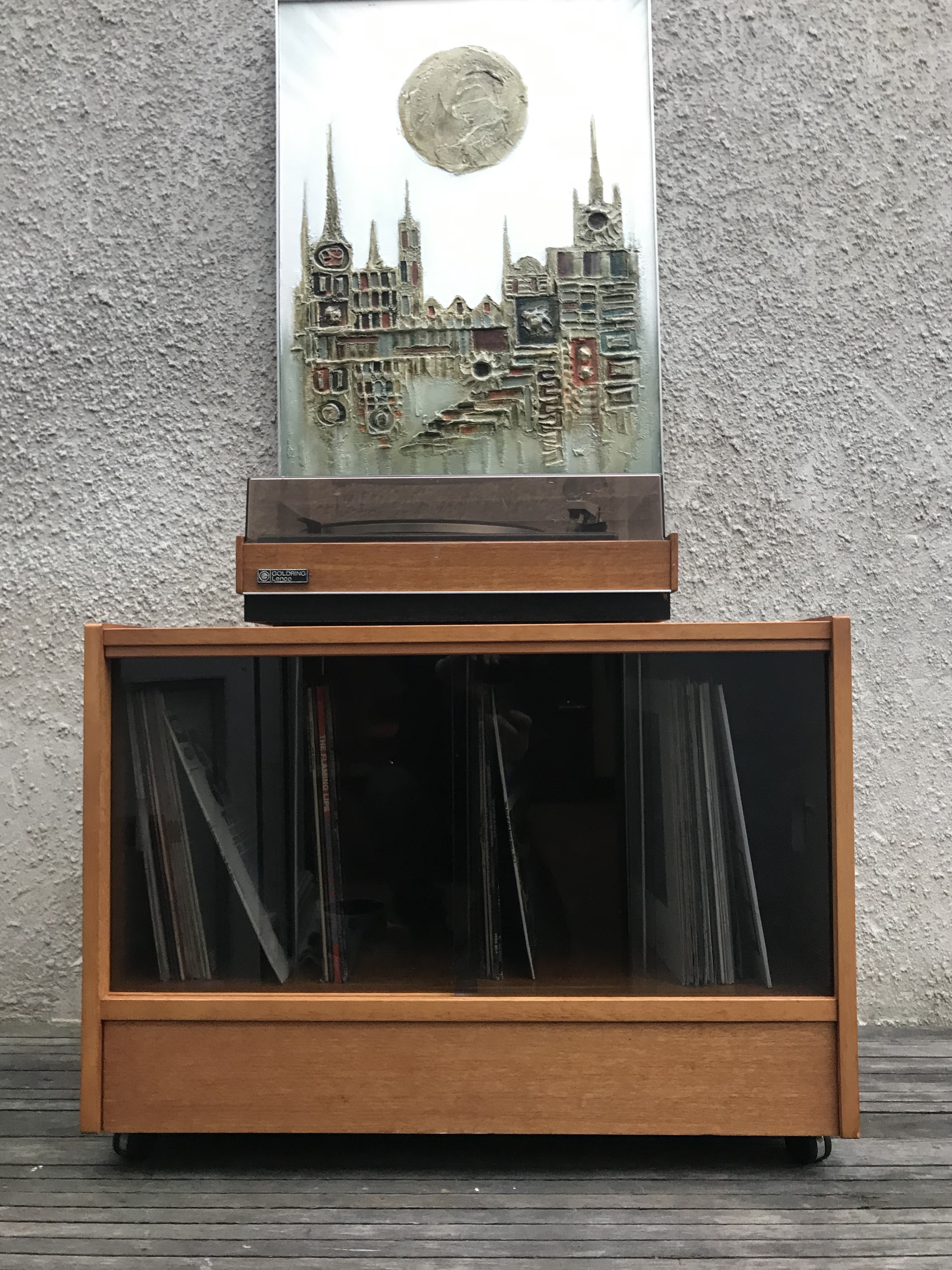 1980s Vinyl Record Storage Retro Cabinet On Original Castors Smoked Glass