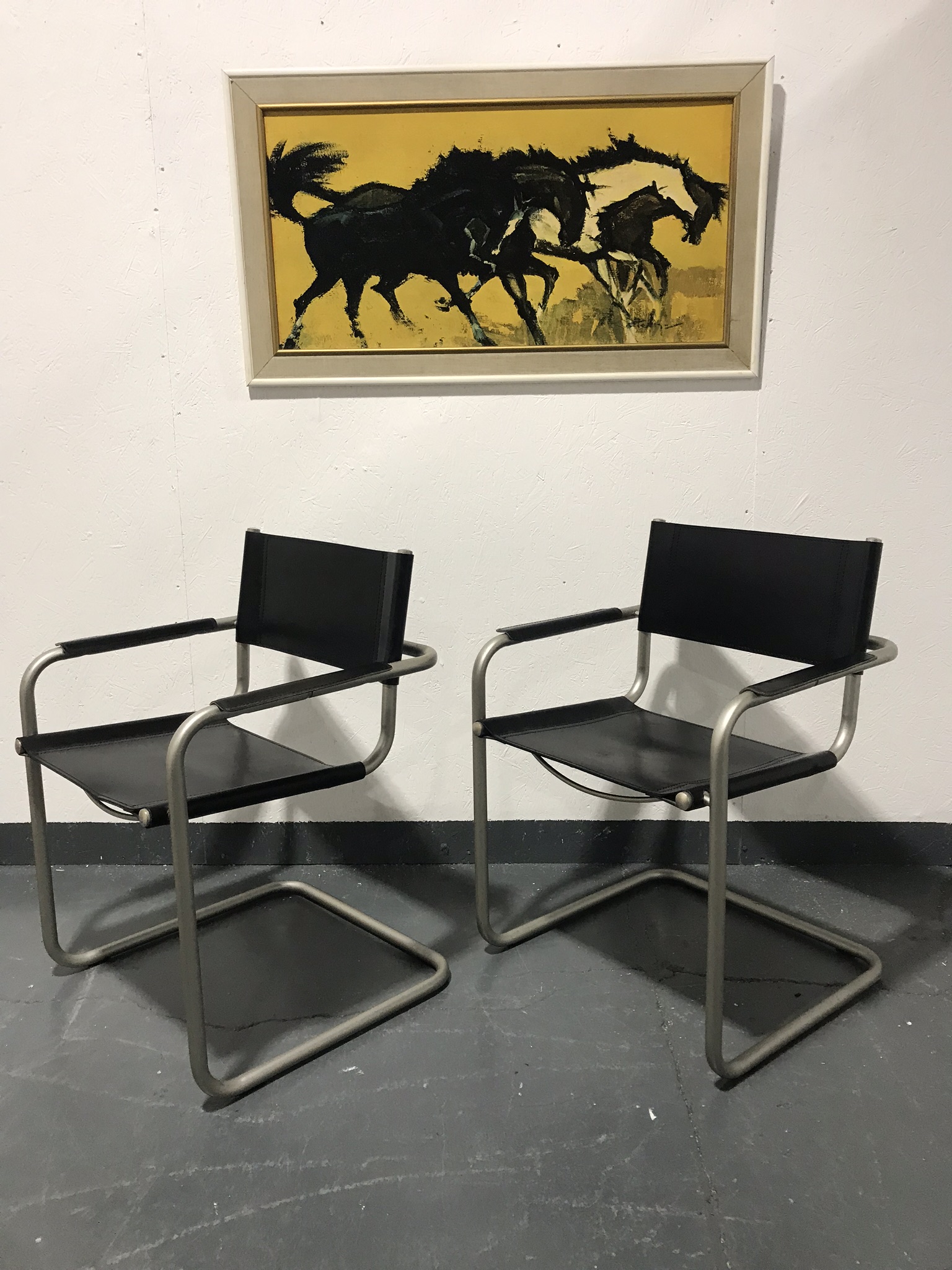 Pair Of Retro Style Italian Black Faux Leather & Chrome Chairs Bauhaus Style