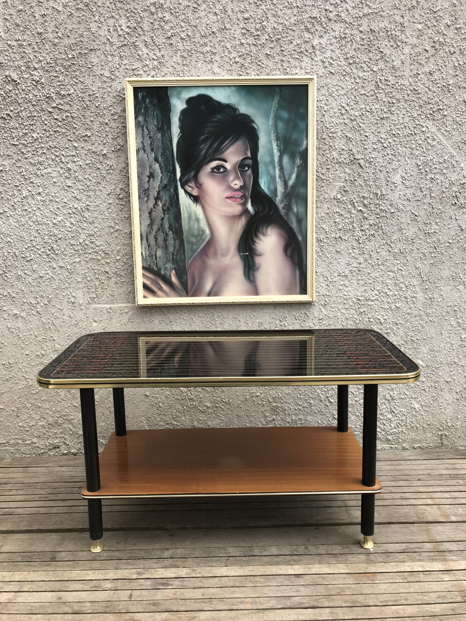 Vintage Mid Century Patterned Glass Top Wooden Coffee Table / Side Table with Magazine Rack