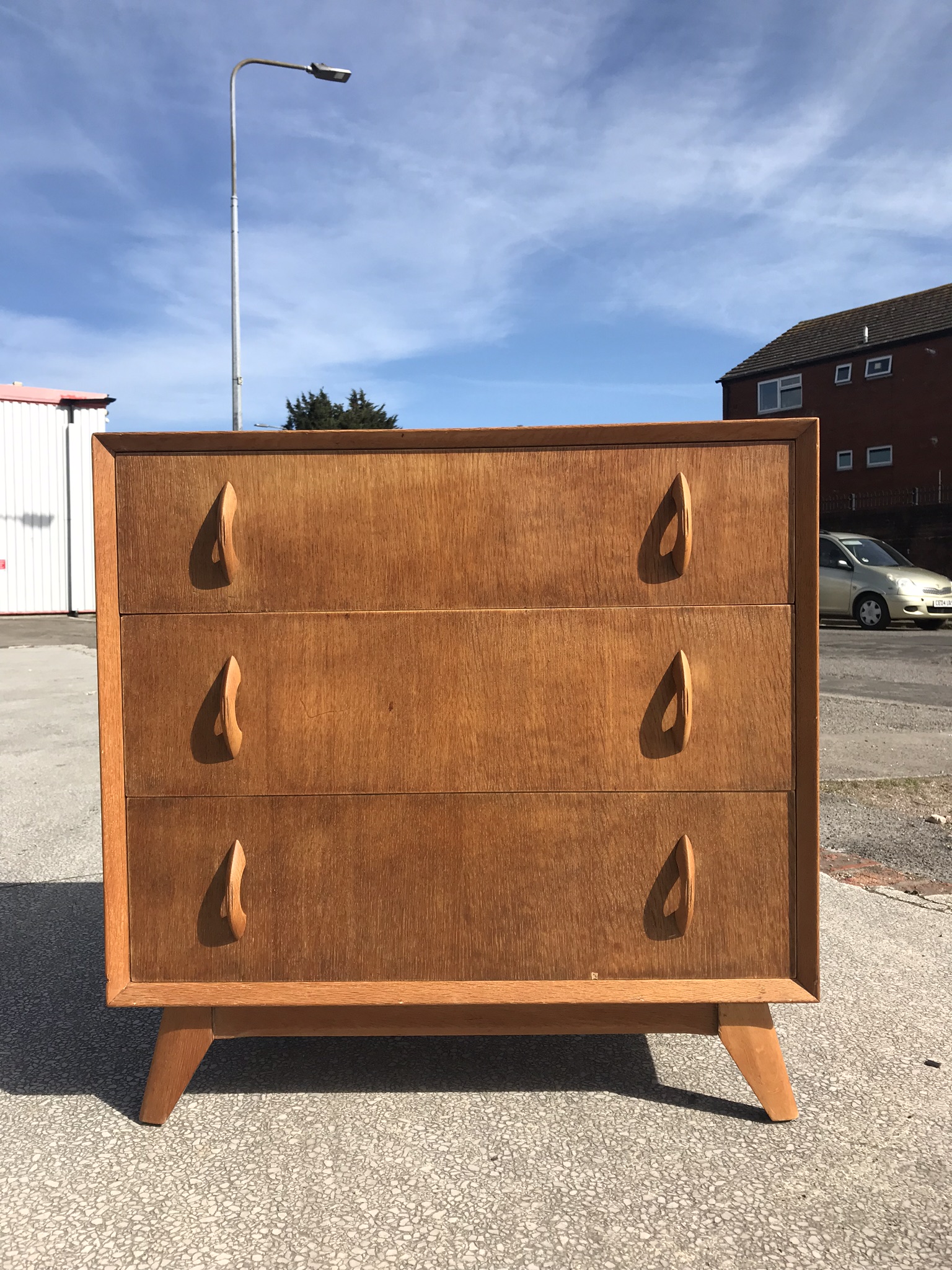 Mid Century Vintage Oak Chest of 3 Drawers Art Deco / Danish Style with Splayed Legs