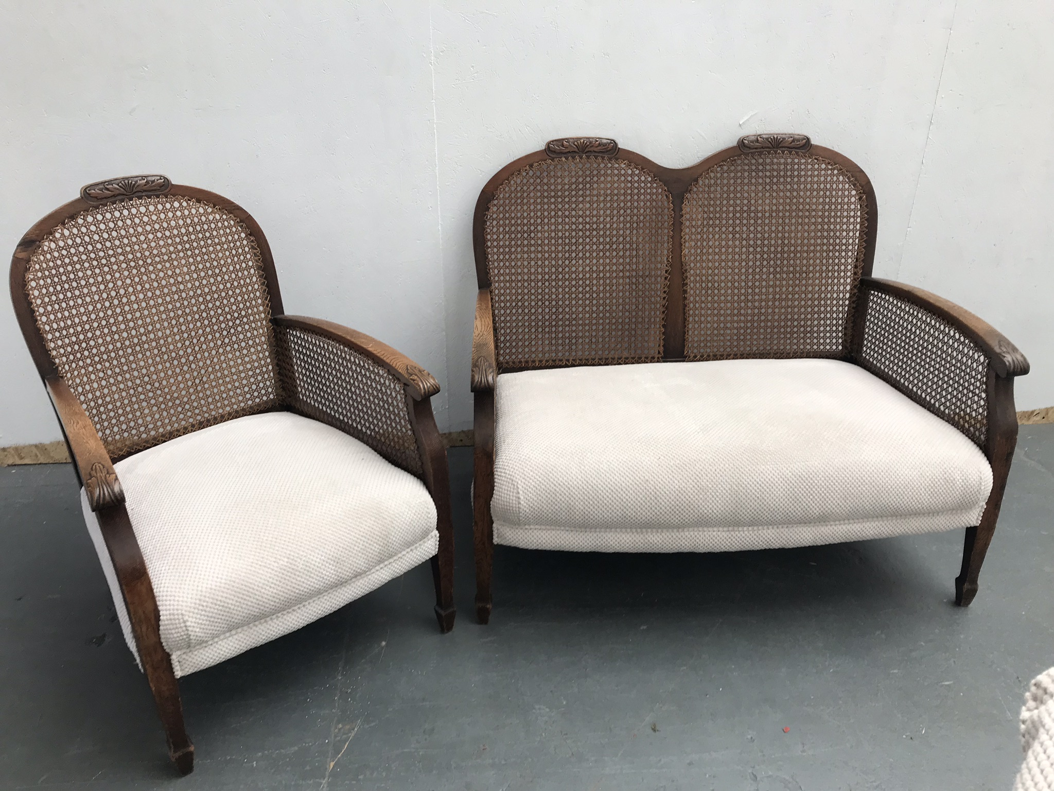 Art Deco 1930s Oak Bergere Sofa and Matching Armchair