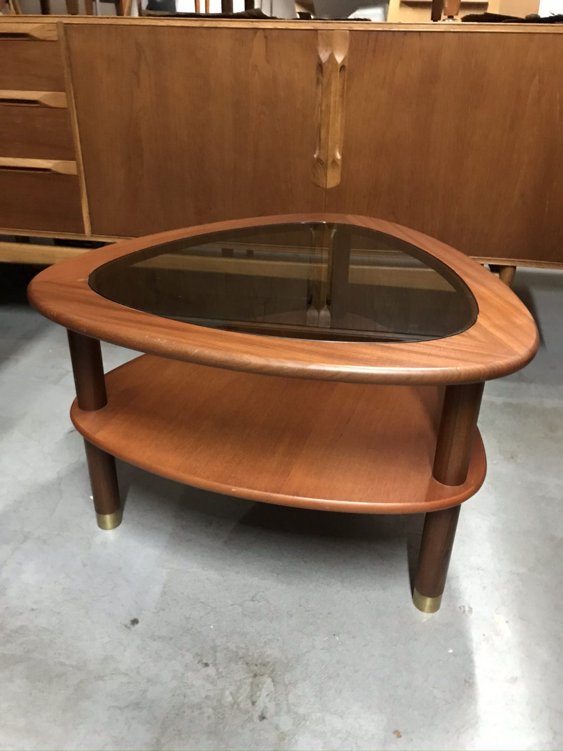 E Gomme G Plan Triangular Coffee Table with Smoked Glass Top Pavement Vintage