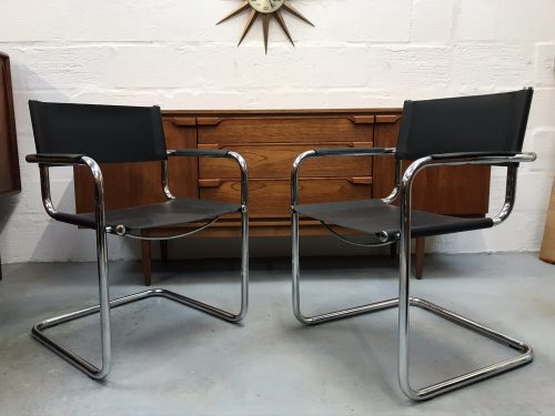 2 x Retro Style Italian Black Faux Leather & Chrome Chairs Bauhaus Style