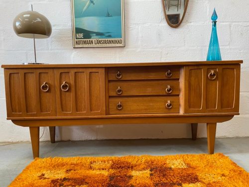 Danish Style Mid Century Teak Sideboard with Wooden Ring Handles