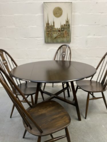 Vintage 1980s Ercol: Windsor Swan Chairs x 4 and Drop-leaf Dining Table