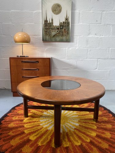 Classic Retro G Plan Teak Retro Circular Coffee Table With Smoked Glass Centre