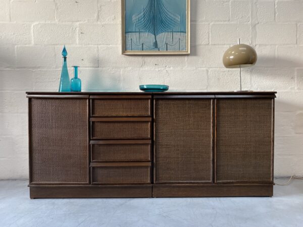Pair of Matching Dutch Rattan & Walnut Cabinets By Rohé Noordwolde, 1970s