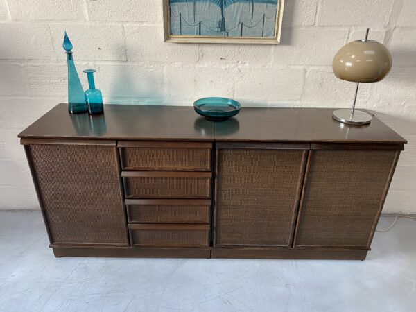 Pair of Matching Dutch Rattan & Walnut Cabinets By Rohé Noordwolde, 1970s