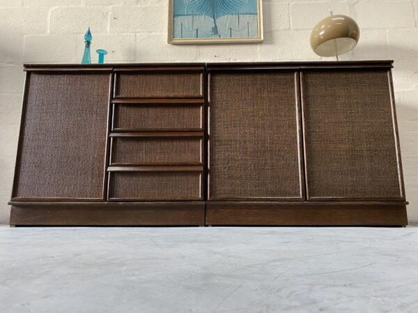 Pair of Matching Dutch Rattan & Walnut Cabinets By Rohé Noordwolde, 1970s