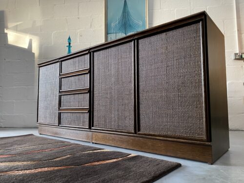 Pair of Matching Dutch Rattan & Walnut Cabinets By Rohé Noordwolde, 1970s