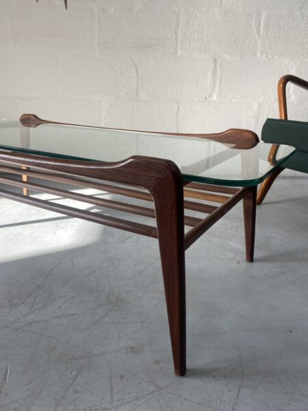 Mid 20th Century Walnut & Glass Floating Top Coffee Table With Slatted Undershelf