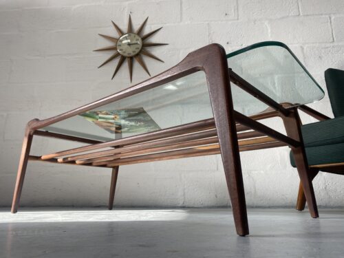 Mid 20th Century Walnut & Glass Floating Top Coffee Table With Slatted Undershelf