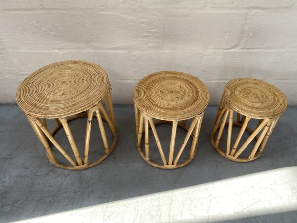 Rattan Cane Retro Vintage Bamboo Nest Of Side Tables Plant Stands 