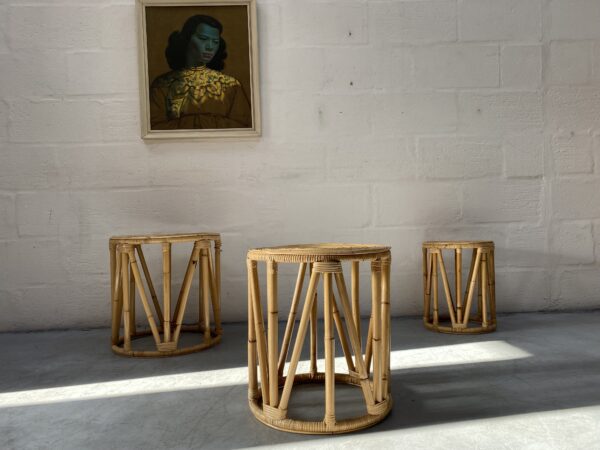 Rattan Cane Retro Vintage Bamboo Nest Of Side Tables Plant Stands 