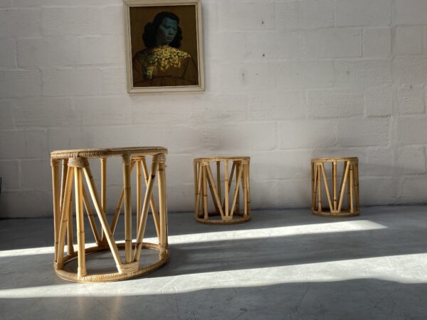 Rattan Cane Retro Vintage Bamboo Nest Of Side Tables Plant Stands 
