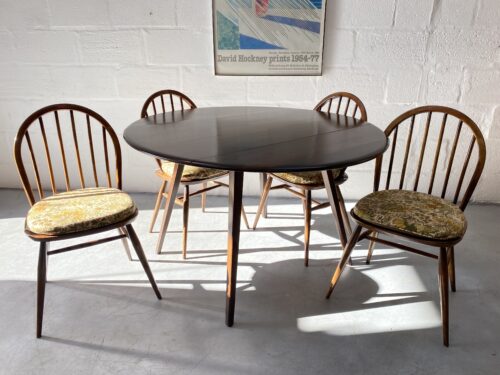 1960s ERCOL Windsor Drop Leaf Table & 4 Matching Hoop Back Chairs