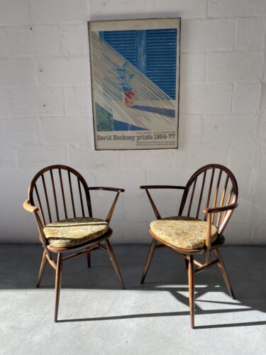 Pair of Vintage ERCOL Windsor Armchairs Carver Kitchen Dining Chairs Blue Label 