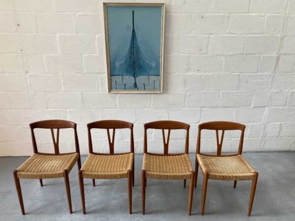A Vintage Set of 4 Danish Sea Grass / Paper Cord Teak Dining Chairs, 1960
