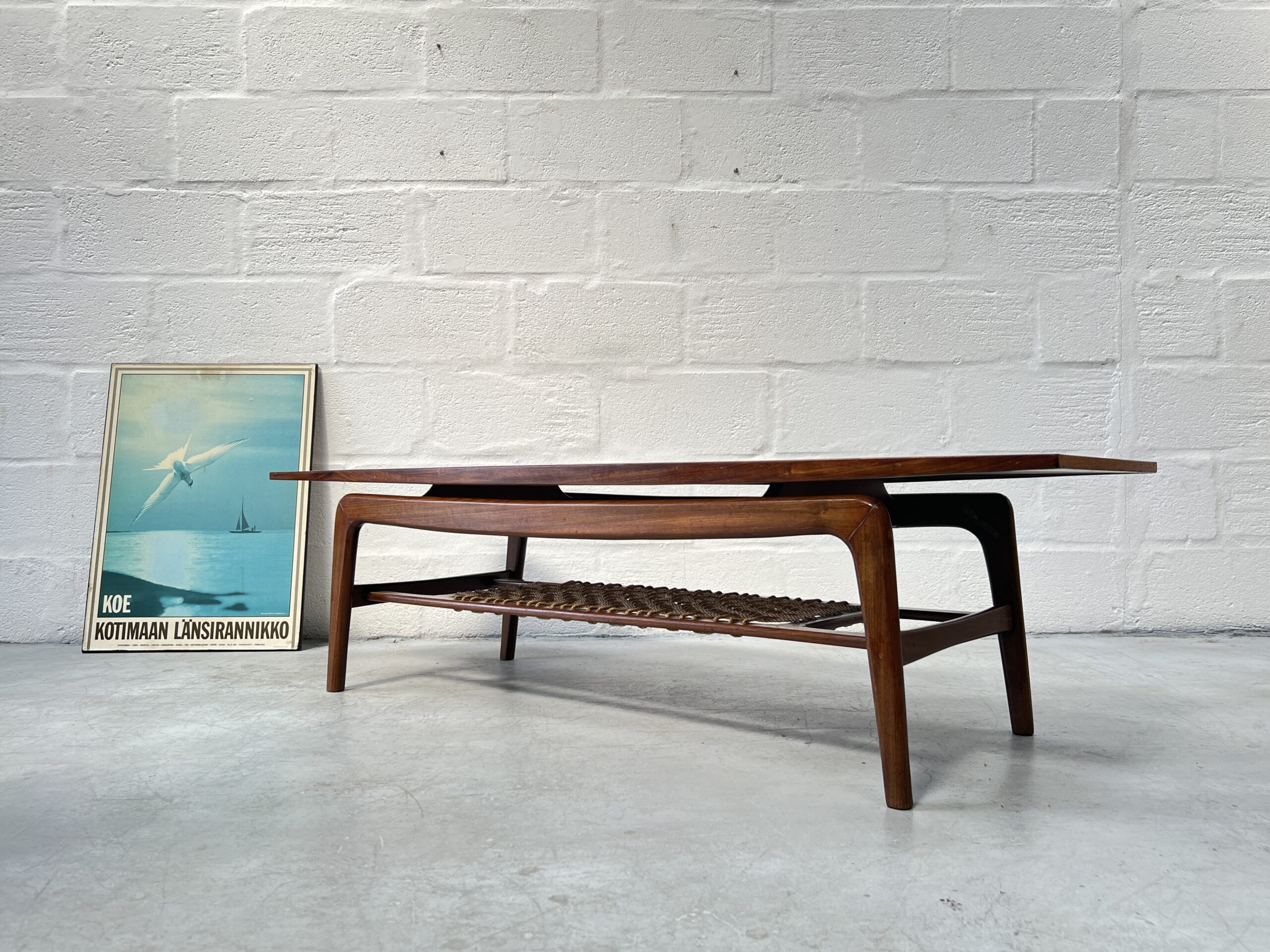 Mid Century Teak and Cord Danish Inspired Coffee Table - 1960s 