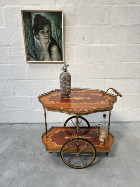 Vintage Italian Marquetry Two Tier Drop-Leaf Dessert Bar Cart Trolley