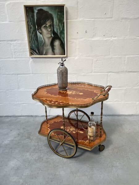 Vintage Italian Marquetry Two Tier Drop-Leaf Dessert Bar Cart Trolley