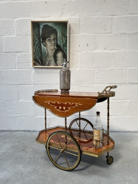 Vintage Italian Marquetry Two Tier Drop-Leaf Dessert Bar Cart Trolley