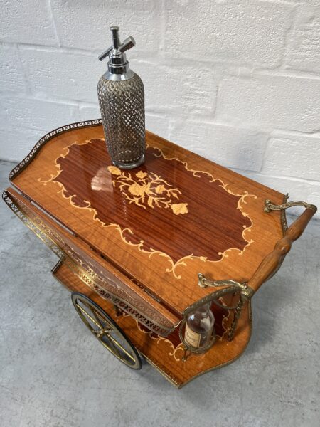 Vintage Italian Marquetry Two Tier Drop-Leaf Dessert Bar Cart Trolley