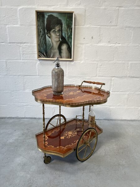 Vintage Italian Marquetry Two Tier Drop-Leaf Dessert Bar Cart Trolley