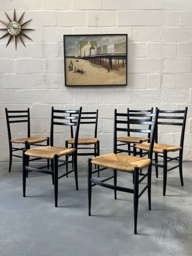 Set of 6 Italian Black Dining Chairs with Rush Seats