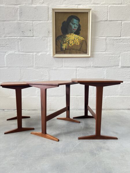 Danish Mid Century Teak Nesting Tables with Trestle Bases