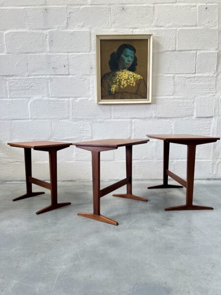 Danish Mid Century Teak Nesting Tables with Trestle Bases