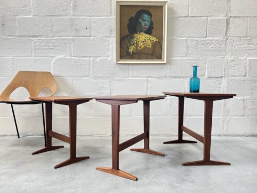 Danish Mid Century Teak Nesting Tables with Trestle Bases