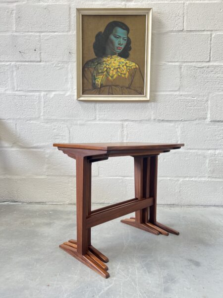 Danish Mid Century Teak Nesting Tables with Trestle Bases