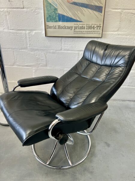 Vintage Black Leather Stressless Lounge Chair with Ottoman by Ekornes, Norway