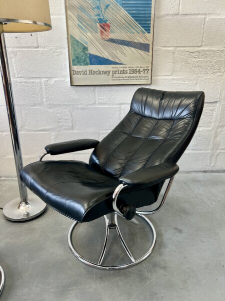 Vintage Black Leather Stressless Lounge Chair with Ottoman by Ekornes, Norway