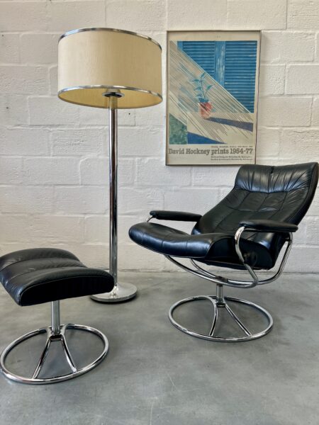 Vintage Black Leather Stressless Lounge Chair with Ottoman by Ekornes, Norway