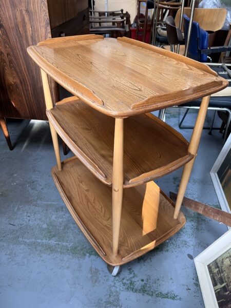 1980s Ercol 458 Windsor Elm & Beech Blond 3 Tier Hostess Drinks Trolley