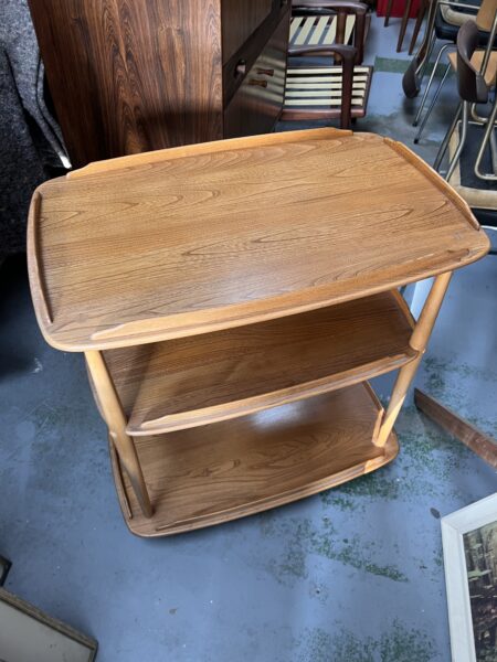 1980s Ercol 458 Windsor Elm & Beech Blond 3 Tier Hostess Drinks Trolley