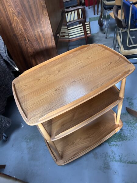 1980s Ercol 458 Windsor Elm & Beech Blond 3 Tier Hostess Drinks Trolley