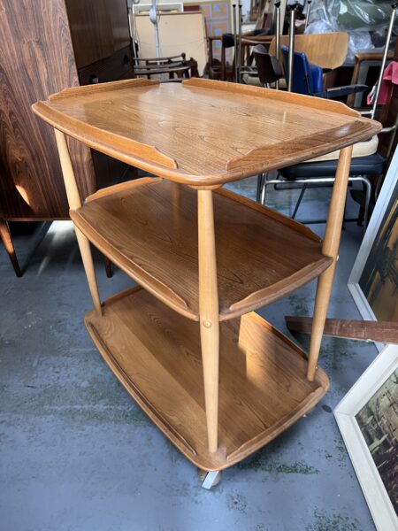 1980s Ercol 458 Windsor Elm & Beech Blond 3 Tier Hostess Drinks Trolley